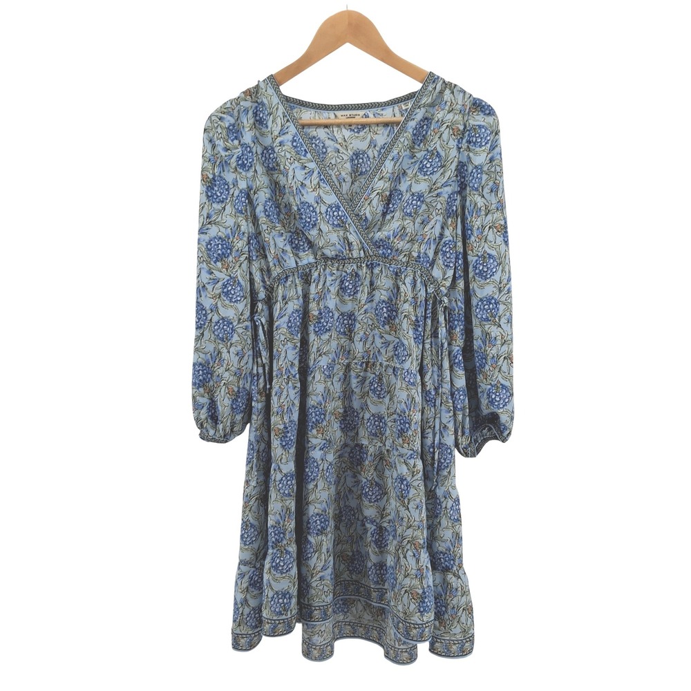 Max Studio London Boho Babydoll Mini Dress XS Blue‎ Floral Tiered Cottagecore